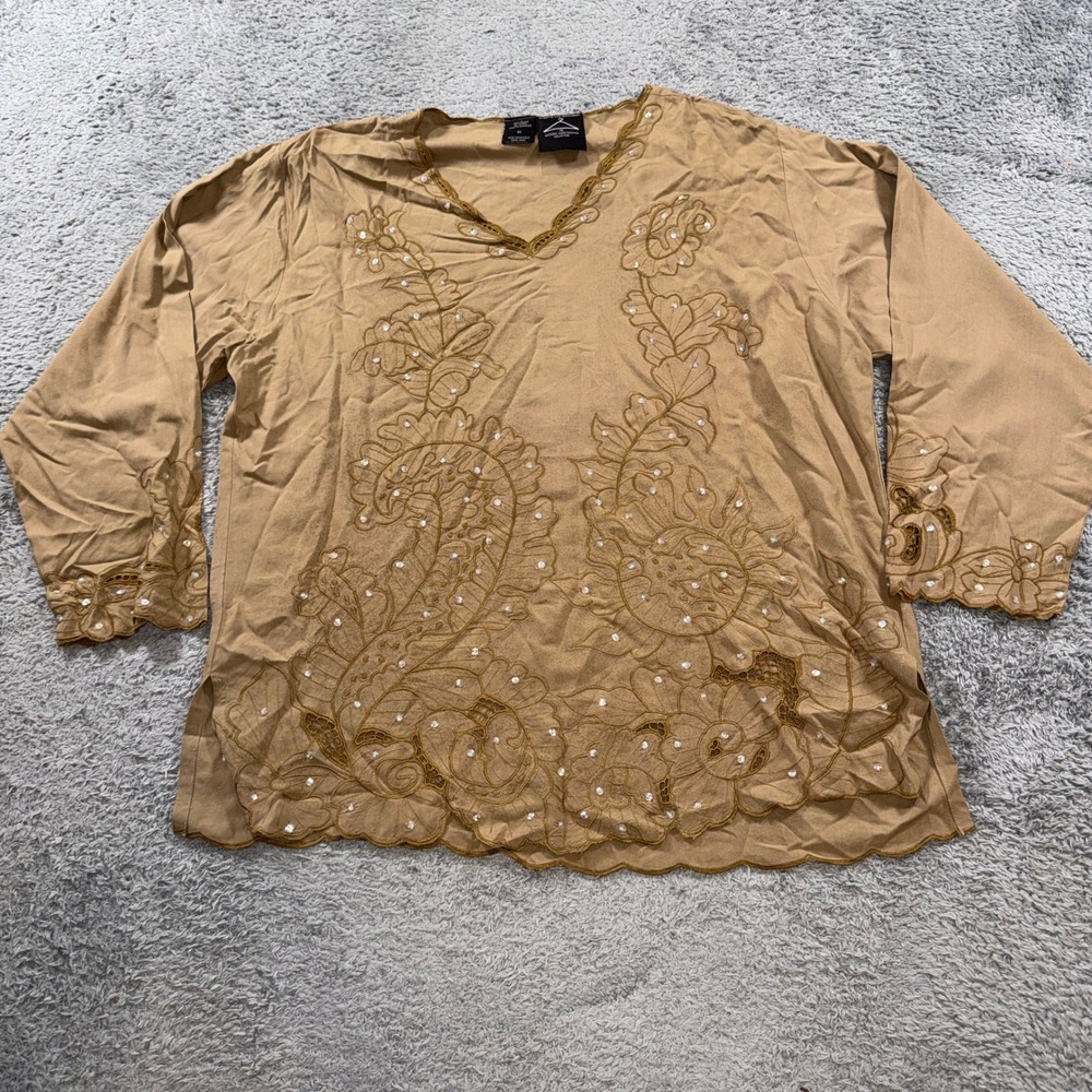 Anthony Mark Hankins Womens 1X Tan Floral Embroidered Sequin Tunic Top Rayon